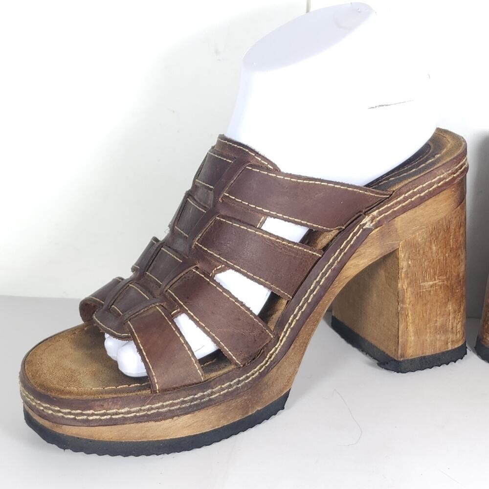 Bongo Women's Vintage 90s Y2K US10 Brown Leather Wooden Chunky Platform Sandals - Picture 6 of 16